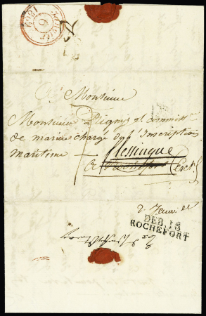 Lettre d'un officier français prisonnier en Grande-Bretagne, parvenue en France par les soins de l'amiral russe Siniavin (1808) avec au verso MP "Deb 16 Rochefort". Rare et TB