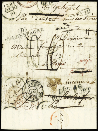 Lettre de Pampelune pour Paris (1827) avec MP "(D) Arm d'Espagne" et au verso MP "Deb 16 Rochefort". RR et TB