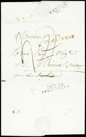 Lettre avec MP rouge "76 St Maixent" pour Nantes avec au verso MP "Deb 16 La Rochelle", ind 17. TB