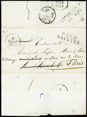Lettre avec MP "P 16 P Saintes" (ind 15) + dateur A (1829) avec au verso MP "Deb 16 La Rochelle" (ind 16). TB