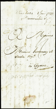 Lettre de la Rochelle pour Cognac avec au verso marque manuscrite "Deb de St Jean d'Angely" (1777), ind 20. TB