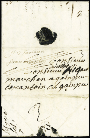 Lettre avec marque manuscrite "St Savinien" + "Franc à Nantes" (1699) pour Quimper (L n°1 + n°5), ind 25. RR et TB