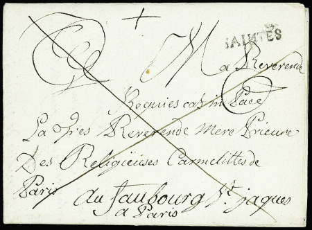 MP "Saintes" (1790) sur circulaire en franchise des ordres mendiants adressée à la Révérende Mère Prieuré des Religieuses de Paris, ind 18. TB