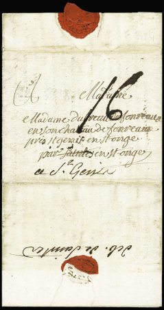 Lettre chargée avec cachet de cire rouge et au verso marque manuscrite "Deb de Saintes" (1784) (L n°10), ind 20. TB