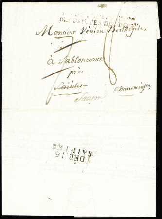 Lettre de Paris pour Sablonceaux près de Saintes (1818) avec au verso MP "Deb 16 Saintes" (28x8mm), ind 17. TB