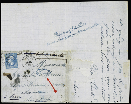 N°22 OBL GC 3265 + T15 Saintes (1865) sur lettre adressée dans le Loir et Cher avec mention manuscrite "BP les rebuts de Saintes" avec marque ovale bleue "Rebuts" et au verso marque cursive bleue "Direction Gle des Poste