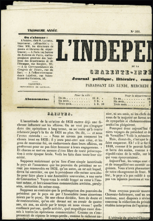 Journal "L'indépendant  de la Charente Inférieure" (9 nov 1850) avec 2 empreintes fiscales dont l'une annulée par grille. TB