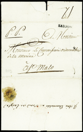 Lettre pour Saint Malo avec MP "Saujon" + "PP" manuscrit (L n°4 - 1783), ind 20. TB