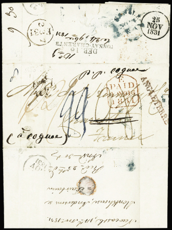Lettre de Grande-Bretagne (1831) pour Tonnay-Charente avec au verso MP "Deb 16 Tonnay-Charente", ind 20. TB