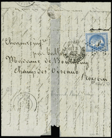 N°29 OBL étoile 3 + CAD "Paris Pl. de la Madeleine" (3 oct 70) sur ballon monté pour Royan avec arrivée 10 oct. TB