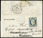 N°37 OBL étoile 3 + CAD "Paris Pl de la Madeleine" (16 dec 70) sur ballon monté pour Trouville (30 dec) réexpédiée à la Rochelle (5 janv 71) (Le Parmentier). TB