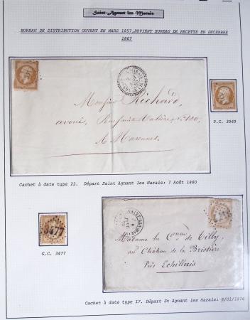 86 lettres classiques affranchies OBL PC et GC de Saint Agnant les Marais à Villeneuve la Comtesse (dont des PC du GC)