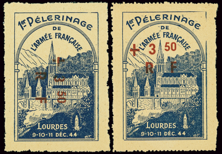 LOURDES Deux vignettes surchargée RF + 3.50fr, une