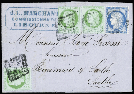 N°53 5c vert (x3 exemplaires) +n°60 obl. losange d'ambulant