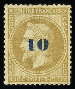 N°34 10 sur 10c surcharge bleue, neuf * (légère trace),