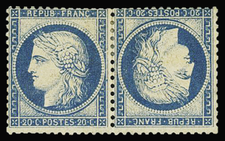 N°37c 20c bleu en paire TETE-BECHE horizontale, neuve