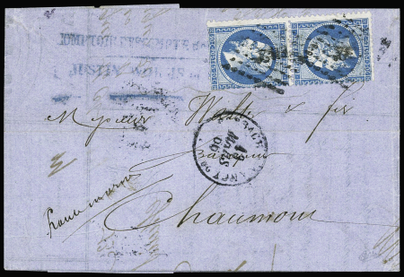 N°22b 20c bleu en paire TETE-BECHE verticale, obl.
