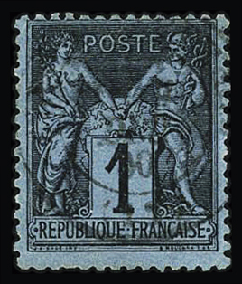 N°84 1c noir sur BLEU DE PRUSSE, obl. càd léger, lég.