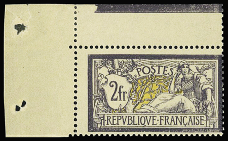 N°122 2f violet et jaune, coin de feuille avec liseret,
