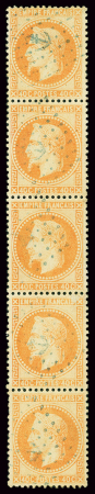 Ancre bleue sur n°31 40c orange en bande de 5, petit
