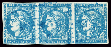 Ancre bleue sur n°45C en bande de trois, TB, R