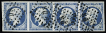 N°10 25c bleu, bande de quatre obl. losange DS, TTB.