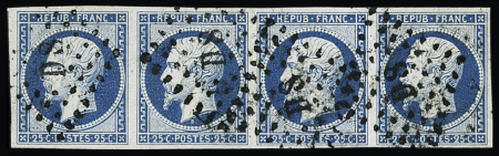 N°10 25c bleu, bande de quatre obl. losange DS, TTB.
