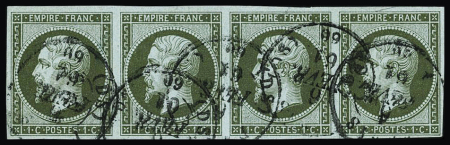 N°11 1c olive, bande de quatre obl. càd Paris DS 6