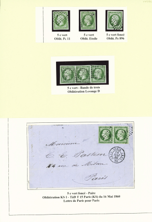 N°12 5c vert, bande de trois obl. losange D, signé