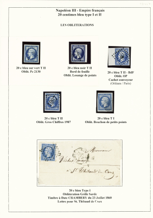 N°14 20c bleu, jolie étude de 42 timbres sur pages