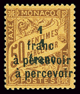 TAXE N°17a 1f sur 50c sur orange pâle, double surcharge