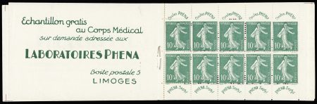 N°188-C2, carnet de 10 timbres 10c vert "Semeuse" avec