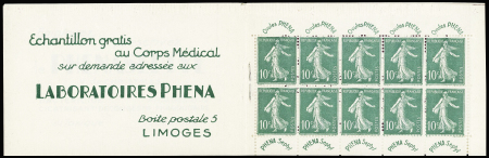 N°188-C2, carnet de 10 timbres 10c vert "Semeuse" avec