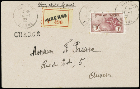N°154 1f +1f carmin sur lettre chargée d'Auxerre 14.1.22,