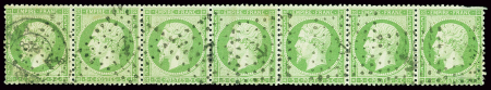 N°20 5c vert, bande de 7 obl. Ancre, déf. sur trois