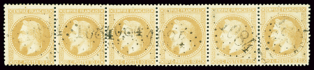 N°28A 10c bistre, Type I, bande de six obl. GC 5084