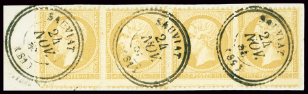 N°21 10c bistre en bande de 4 obl. càd T22 Sauviat