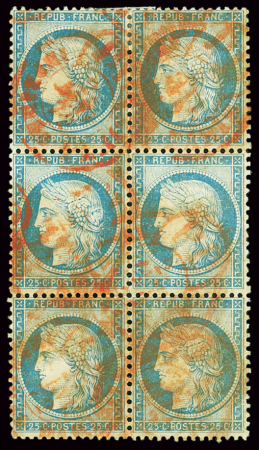 N°60A 25c bleu en bloc de six obl. càd rouge, TTB