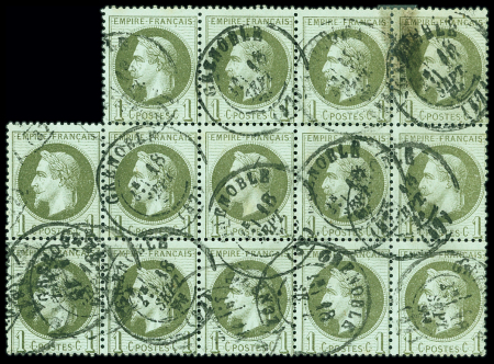 N°25 1c vert bronze, bloc de 14 obl. càd Grenoble 18