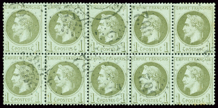 N°25 1c vert bronze, bloc de dix obl. GC 2562 de Mouleydier