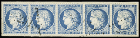 N°37 20c bleu, bande de cinq, obl. GC 2915 de Poitiers