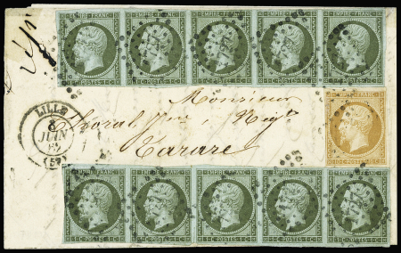 N°11 1c olive, deux bandes de 5 bien margée (au filet