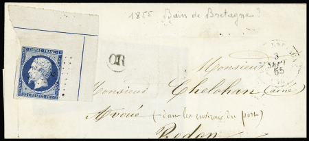 N°14Ai 20c bleu, coin de feuille avec double filet