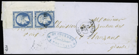 N°14B 20c bleu, paire coin de feuille, bien margé (au