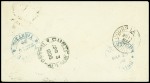 N°97 OBL Shanghaï (1896) + Chine n°9 sur lettre pour la France avec au verso CAD Customs Tien Tsin, Customs Shang-Haï et Customs Peking. Rare et TB. Signé Calves