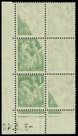 N°432 1f vert Iris, variété impression partielle recto