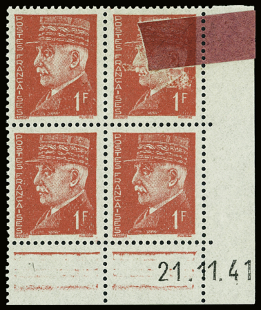 N°514 1fr rouge Pétain, variété sonnette sur un timbre