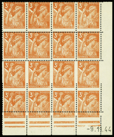 N°655 3f orange Iris, variété piquage dans un bloc