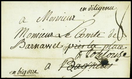 Lettre de St Géry (SD) pour Toulouse réexpédiée à Bagnères en Bigorre avec au verso marque manuscrite "DB de Bigorre", ind 18. TB