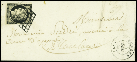 N°3 OBL grille + T15 "Cordes (77)" (1849) sur lettre, ind 17. TB